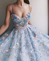 Princess Blue See Through Floral Spaghetti Straps A ι₯ζine Prom Dress Formal Dress,GDC1245-Dolly Gown